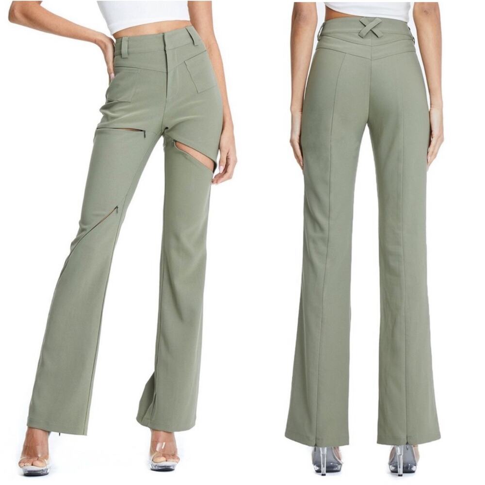 I AM GIA Pants Womens Small Green Xavier Zip Flared High Rise Edgy Contemporary